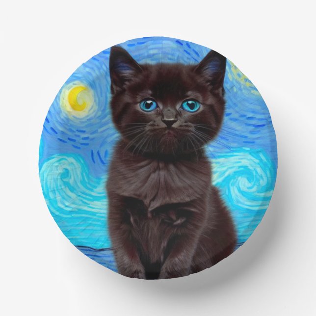 Van Gogh Starry Night Black Cat Paper Bowls (Front)