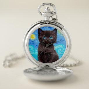 Van Gogh Starry Night Black Cat Pocket Watch