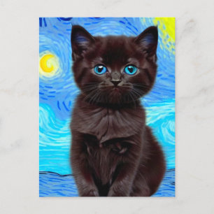 Van Gogh Starry Night Black Cat Postcard