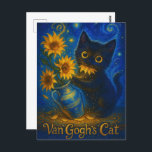 Van Gogh Starry Night Black Cat with Sunflowers Postcard<br><div class="desc">Send a smile with this whimsical postcard featuring a playful black cat caught nibbling on a sunflower, all set in a dreamy, Van Gogh–inspired starry night. Perfect for cat lovers, art fans, and anyone who enjoys a magical twist on classic masterpieces. With vibrant colors, swirling skies, and just the right...</div>