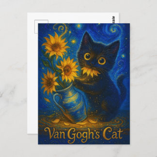Van Gogh Starry Night Black Cat with Sunflowers Postcard