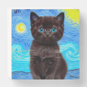 Van Gogh Starry Night Black Cat Wooden Box Sign