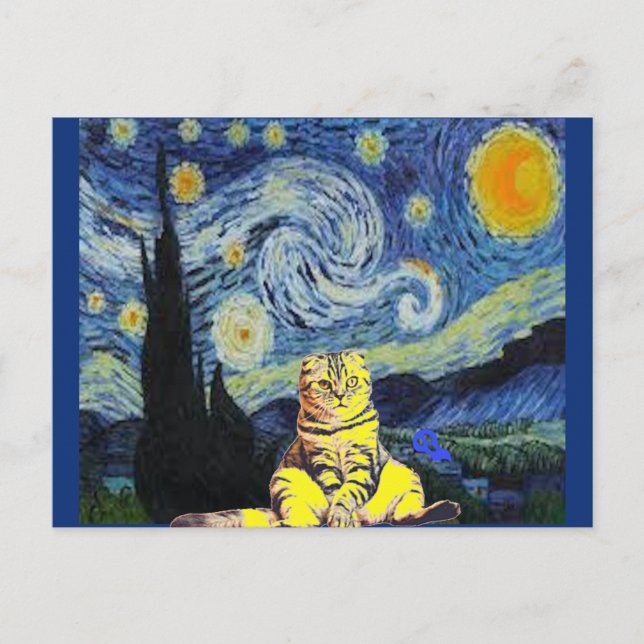 Van Gogh - Starry Night, Cat Art Parody,   Postcard (Front)