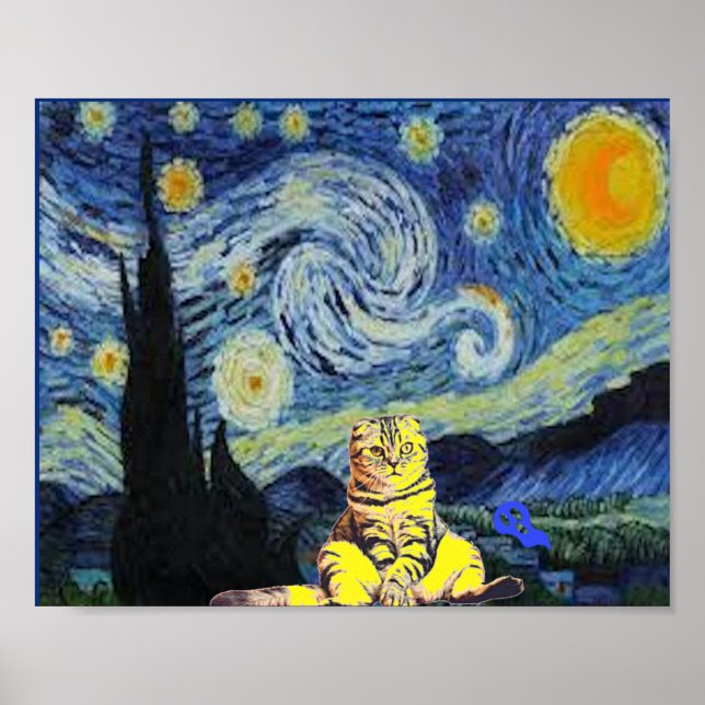 Van Gogh - Starry Night, Cat Art Parody,   Poster (Front)