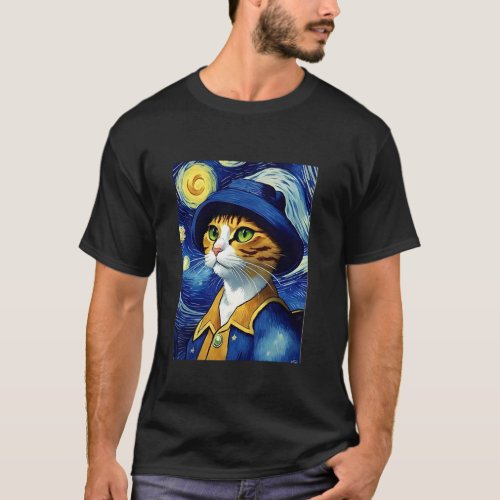 Van Gogh Starry Night Cat Lover Mom Cats Painting  T-Shirt