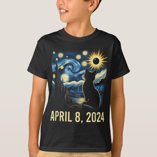 Van Gogh Starry Night Cat Total Solar Eclipse Apri T-Shirt (Front)