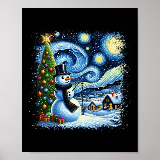 Van Gogh Starry Night Christmas Snowman Snowy Nigh Poster (Front)