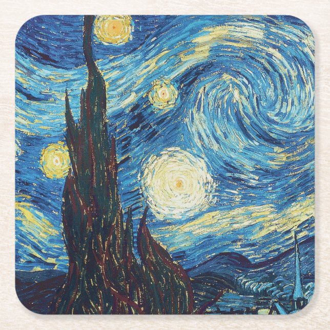 Van Gogh Starry Night Classic Impressionism Art Square Paper Coaster (Front)