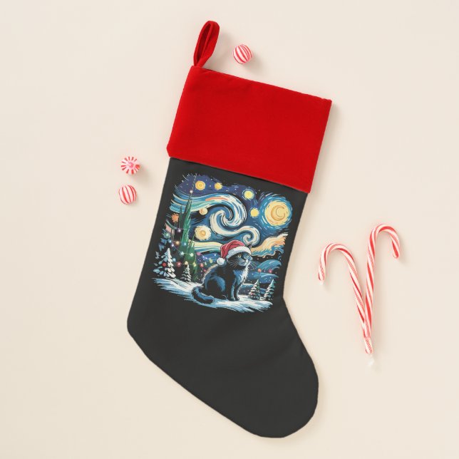Van Gogh Starry Night Festive Christmas Black Cat  Christmas Stocking (Front)