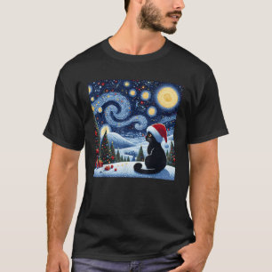 Van Gogh Starry Night Festive Christmas Black Cat T-Shirt