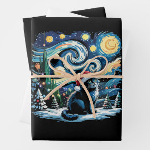Van Gogh Starry Night Festive Christmas Black Cat Wrapping Paper Sheets