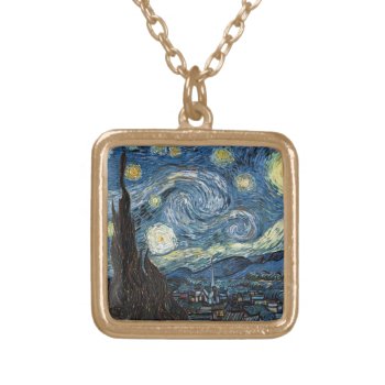 Van Gogh Starry Night Gold Plated Necklace by Zazilicious at Zazzle