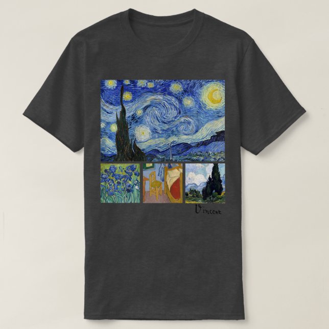Van Gogh Starry Night, Irises, Room with Chair, an T-Shirt (Design Front)