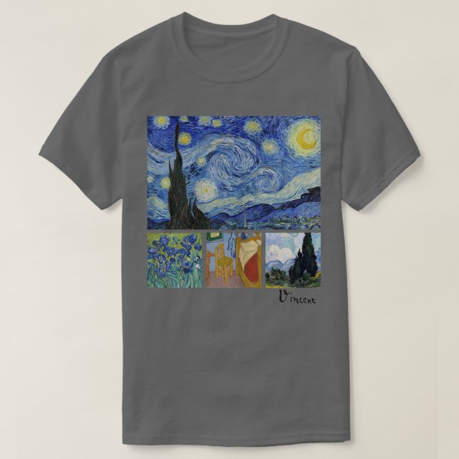 Van Gogh Starry Night, Irises, Room with Chair, an T-Shirt (Design Front)