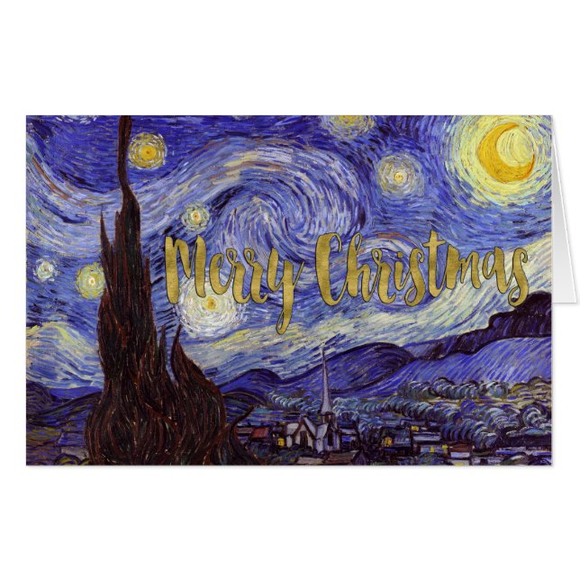 Van Gogh Starry Night Merry Christmas Gold Art Card (Front Horizontal)