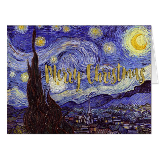 Van Gogh Starry Night Merry Christmas Gold Art Card (Front Horizontal)