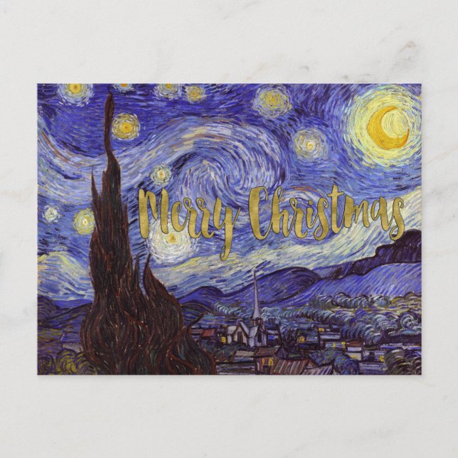 Van Gogh Starry Night Merry Christmas Gold Art Holiday Postcard (Front)