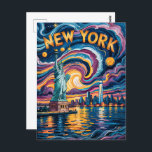 Van Gogh Starry Night New York Liberty Travel Postcard<br><div class="desc">This Van Gogh style New York City design captures the Statue of Liberty beneath a swirling, star-filled sky, echoing the energy of Van Gogh’s Starry Night. The bold brushstrokes and vibrant colors blend deep blues, purples, and golds across the night sky and shimmering water, while the modern NYC skyline, including...</div>