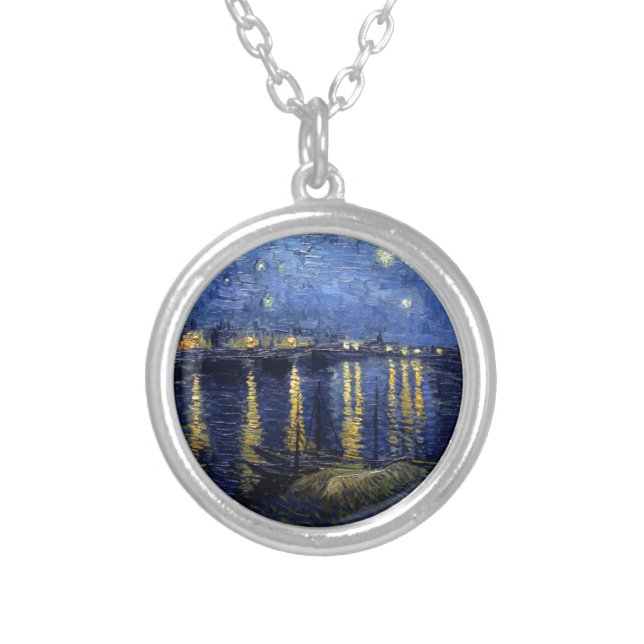 Van Gogh Starry Night Over Rhone Silver Plated Necklace (Front)