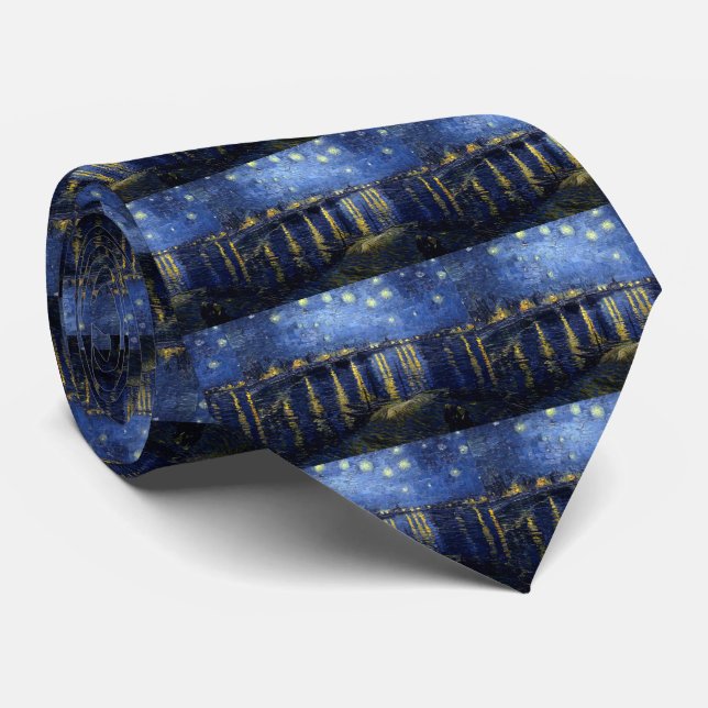 van Gogh , "Starry_Night_Over_the_Rhone" Neck Tie (Rolled)