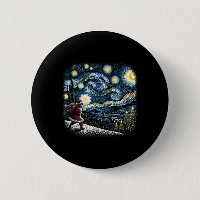 Van Gogh Starry Night Santa Christmas Winter Snowy Button (Front)