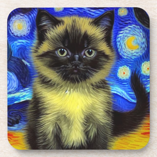 Van Gogh Starry Night Siamese Cat Beverage Coaster (Front)