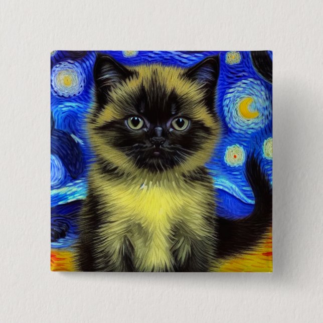 Van Gogh Starry Night Siamese Cat Button (Front)