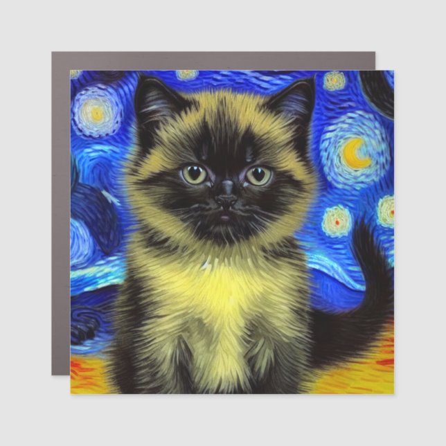 Van Gogh Starry Night Siamese Cat Car Magnet (Front)
