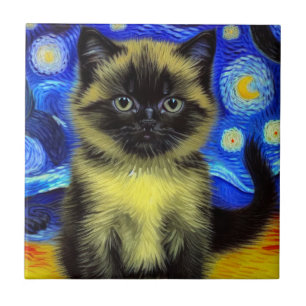 Van Gogh Starry Night Siamese Cat Ceramic Tile