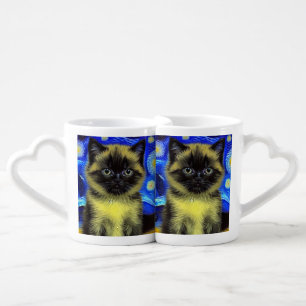 Van Gogh Starry Night Siamese Cat Coffee Mug Set