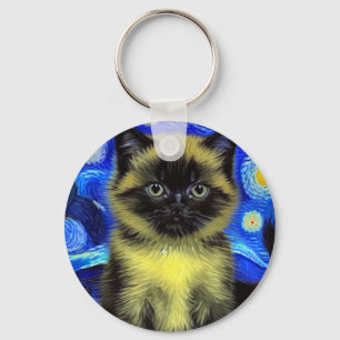 Van Gogh Starry Night Siamese Cat Keychain