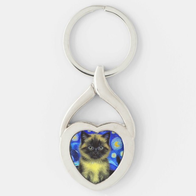 Van Gogh Starry Night Siamese Cat Keychain (Front)