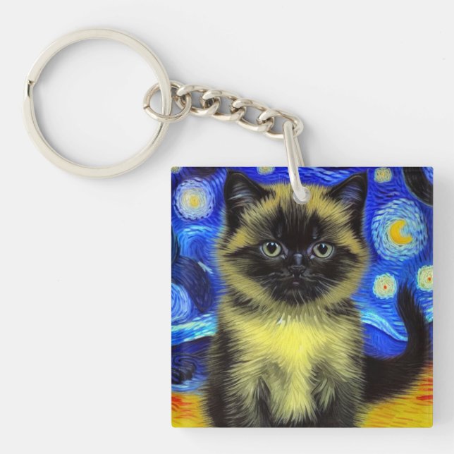Van Gogh Starry Night Siamese Cat Keychain (Front)