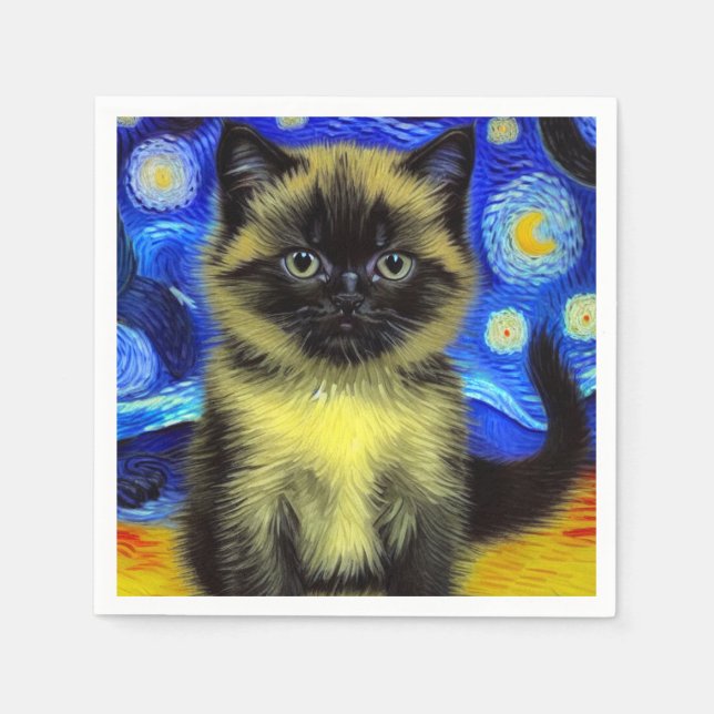 Van Gogh Starry Night Siamese Cat Napkins (Front)