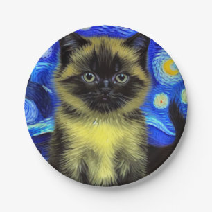 Van Gogh Starry Night Siamese Cat Paper Plates