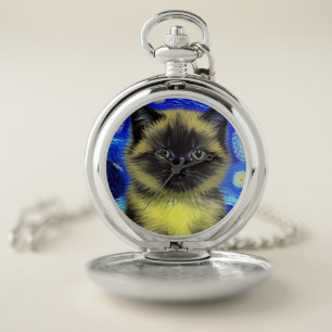 Van Gogh Starry Night Siamese Cat Pocket Watch