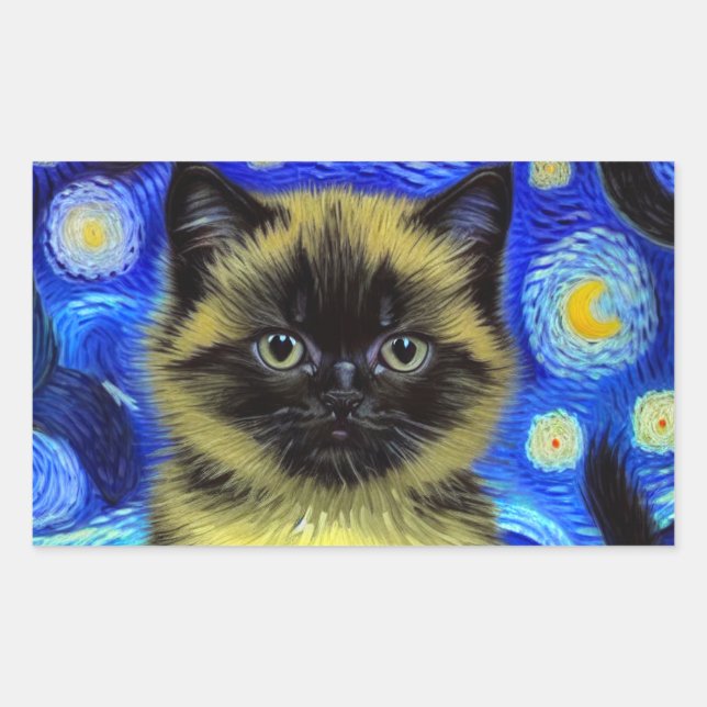 Van Gogh Starry Night Siamese Cat Rectangular Sticker (Front)