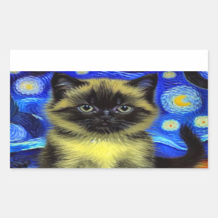 Van Gogh Starry Night Siamese Cat Rectangular Sticker