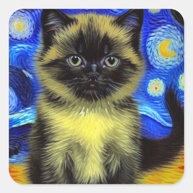Van Gogh Starry Night Siamese Cat Square Sticker (Front)