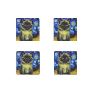 Van Gogh Starry Night Siamese Cat Stone Magnet