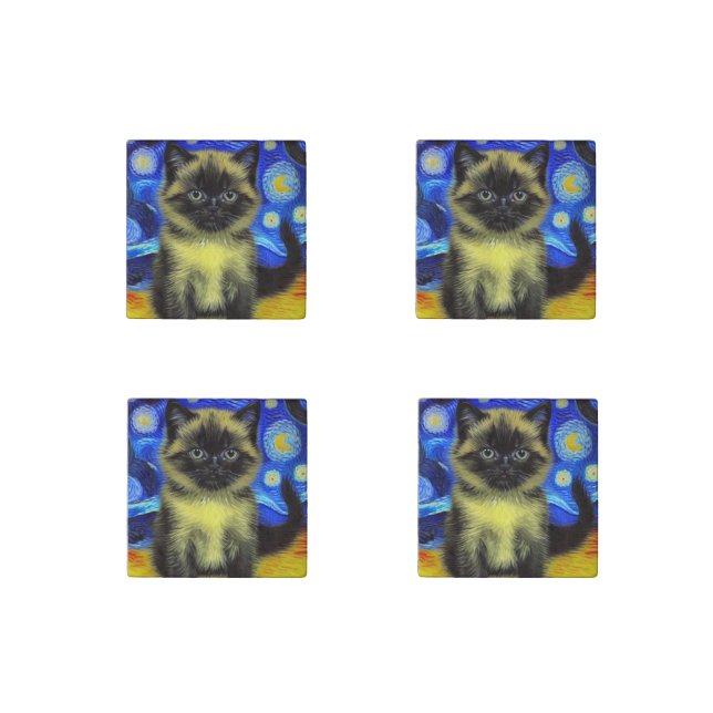 Van Gogh Starry Night Siamese Cat Stone Magnet (Front)