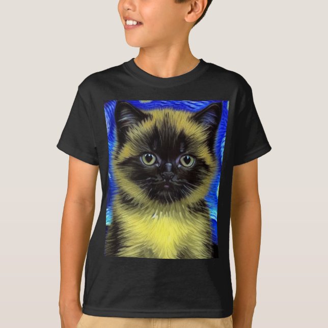 Van Gogh Starry Night Siamese Cat T-Shirt (Front)