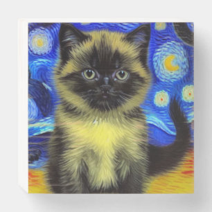 Van Gogh Starry Night Siamese Cat Wooden Box Sign