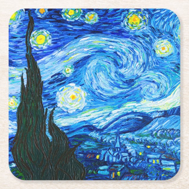 Van Gogh Starry Night Square Paper Coaster (Front)