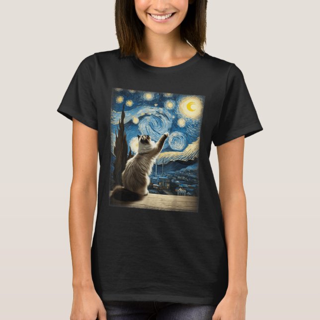 Van Gogh Starry Night Style Artistic Ragdoll Cat  T-Shirt (Front)