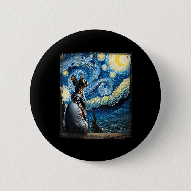 Van Gogh Starry Night Style Artistic Sphynx Cat  Button (Front)