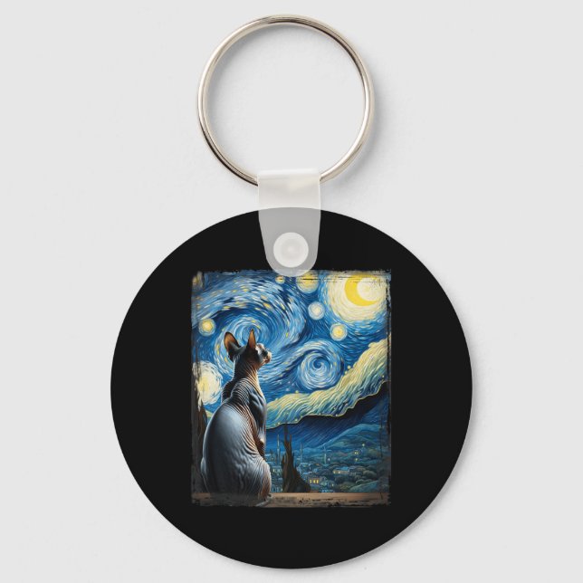 Van Gogh Starry Night Style Artistic Sphynx Cat  Keychain (Front)
