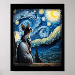 Van Gogh Starry Night Style Artistic Sphynx Cat  Poster