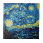 Van Gogh Starry Night Tile<br><div class="desc">Van Gogh Starry Night tile. Van Gogh’s most famous painting, Starry Night depicts the view from the artist’s bedroom window at the asylum in Saint Remy de Provence. A beautiful night sky punctuated by yellow stars pulsing above the village church below, Starry Night is a great gift for fans of...</div>