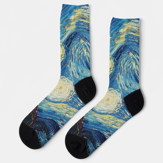 Van Gogh Starry Night Vintage Blue Masterpiece Socks (Left)